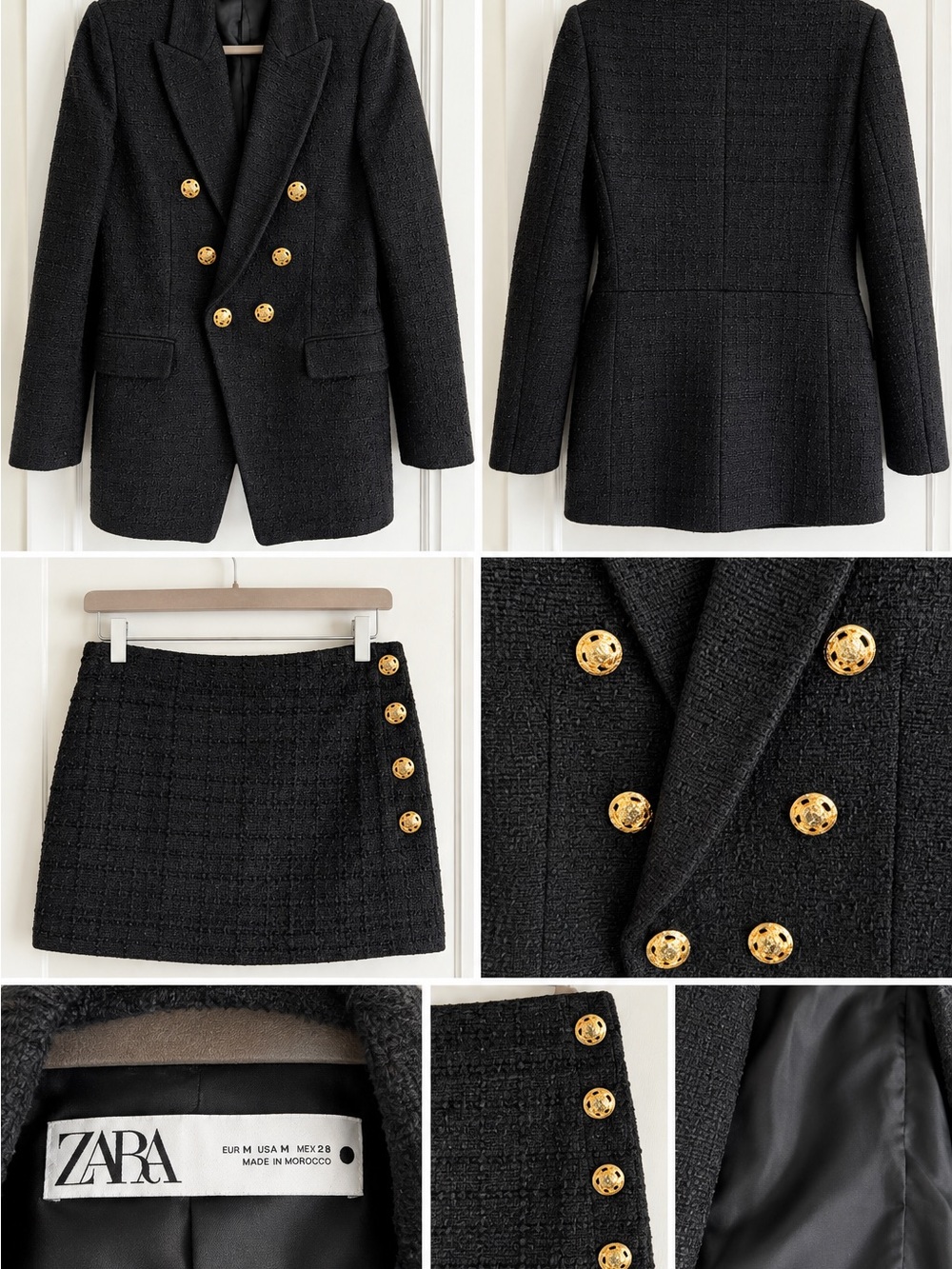 ZARA Black Tweed Double-Breasted Blazer & Skirt Set with Gold Buttons